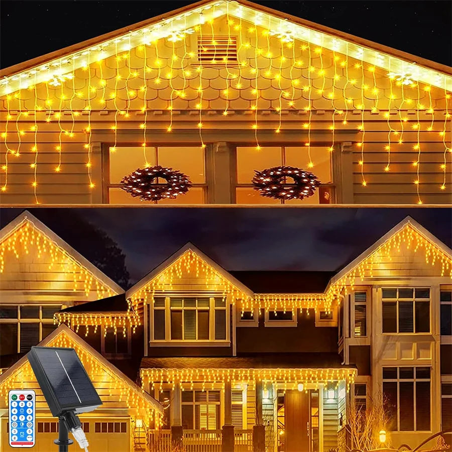 Solar Icicle Christmas Lights Outdoor – 6M/10M/15M/18M Waterproof Curtain Fairy String Lights with Remote for Garden & Holiday Decor