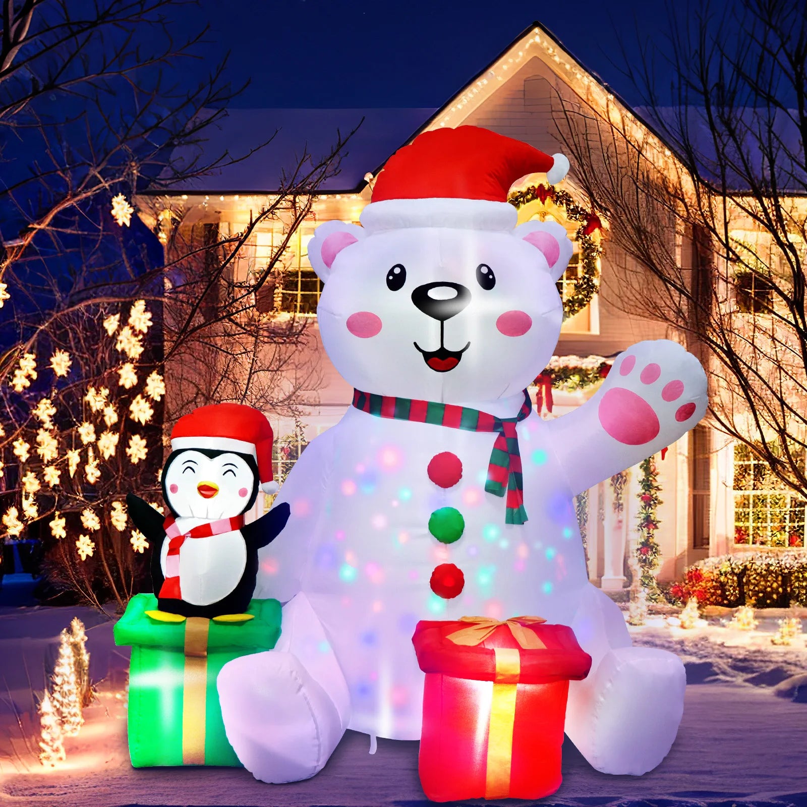 6FT Inflatable Polar Bear with Penguin – Outdoor Christmas Decoration with LED Lights for Yard & Garden