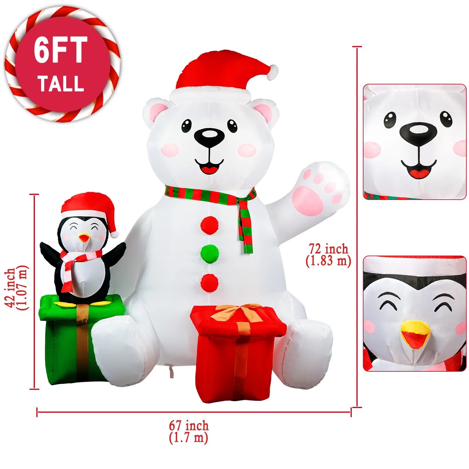 6FT Inflatable Polar Bear with Penguin – Outdoor Christmas Decoration with LED Lights for Yard & Garden