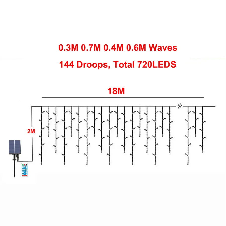 Solar Icicle Christmas Lights Outdoor – 6M/10M/15M/18M Waterproof Curtain Fairy String Lights with Remote for Garden & Holiday Decor