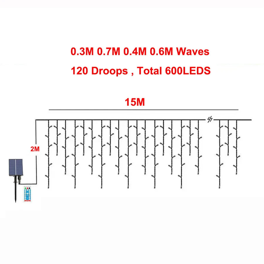 Solar Icicle Christmas Lights Outdoor – 6M/10M/15M/18M Waterproof Curtain Fairy String Lights with Remote for Garden & Holiday Decor