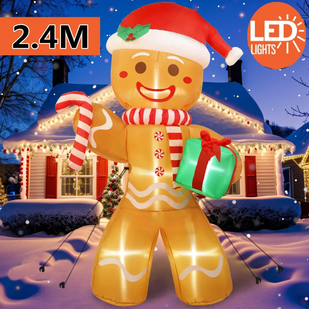 8FT Inflatable Gingerbread Man with Gift – Outdoor Christmas Yard Decoration with LED Lights