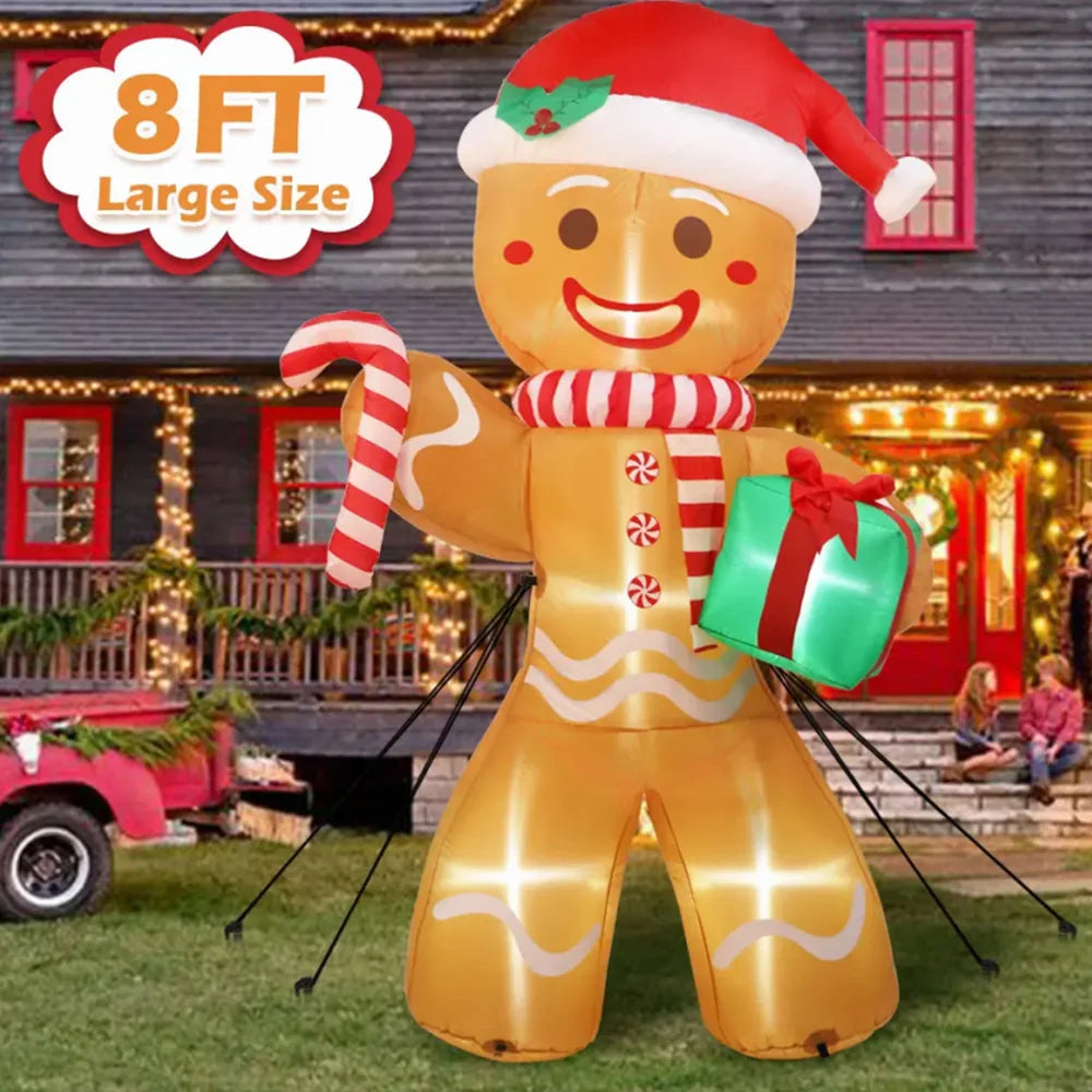 8FT Inflatable Gingerbread Man with Gift – Outdoor Christmas Yard Decoration with LED Lights