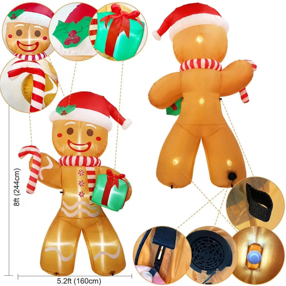 8FT Inflatable Gingerbread Man with Gift – Outdoor Christmas Yard Decoration with LED Lights