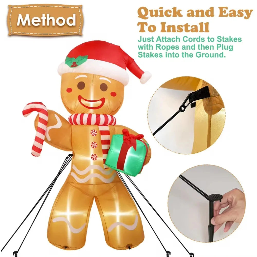 8FT Inflatable Gingerbread Man with Gift – Outdoor Christmas Yard Decoration with LED Lights