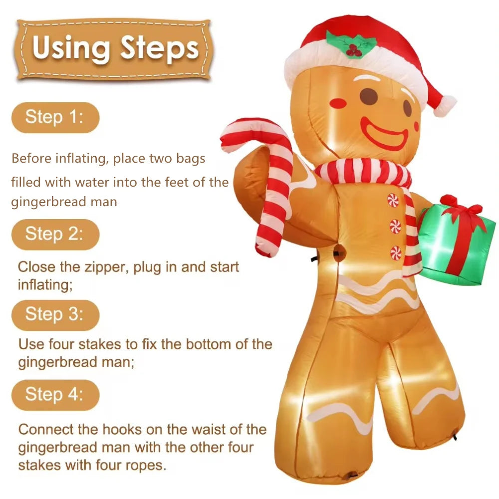 8FT Inflatable Gingerbread Man with Gift – Outdoor Christmas Yard Decoration with LED Lights