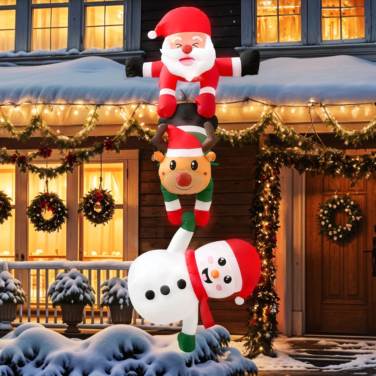 8FT Inflatable Climbing Santa with Reindeer & Elves – Christmas Decor for Outdoors
