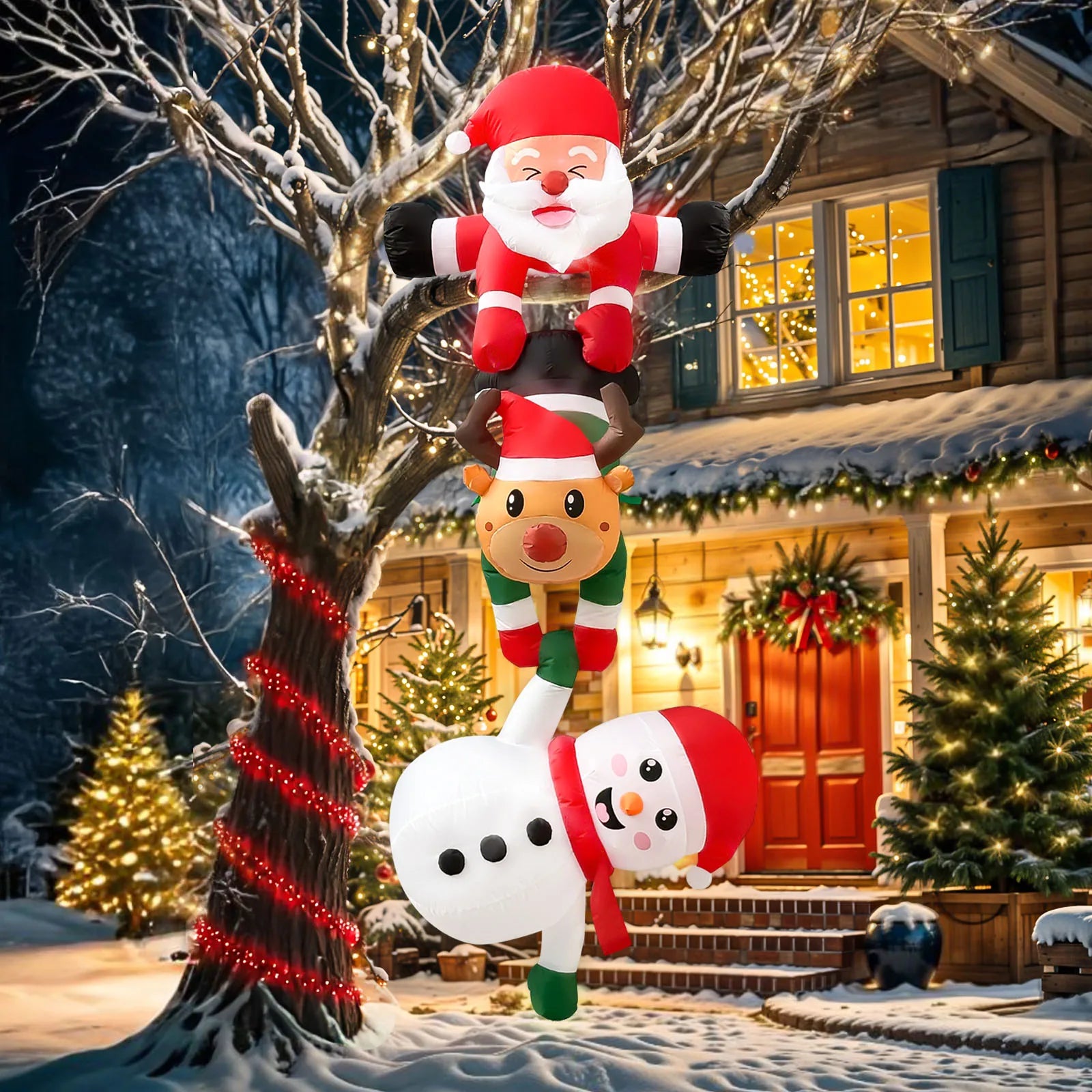 8FT Inflatable Climbing Santa with Reindeer & Elves – Christmas Decor for Outdoors
