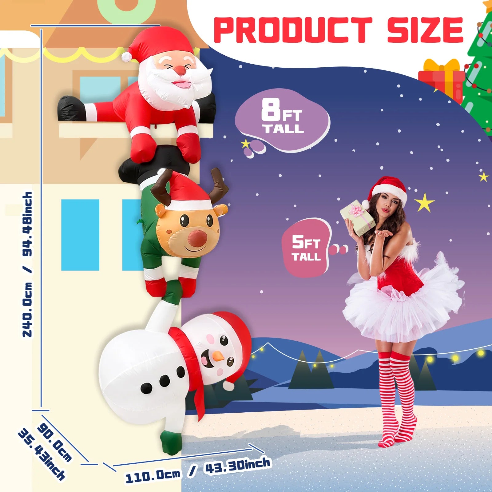 8FT Inflatable Climbing Santa with Reindeer & Elves – Christmas Decor for Outdoors