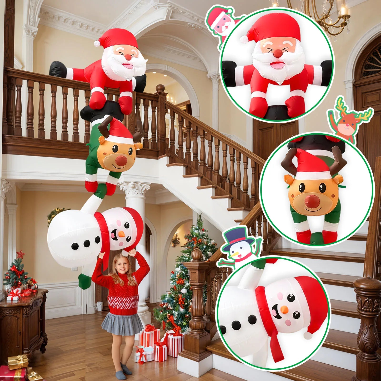 8FT Inflatable Climbing Santa with Reindeer & Elves – Christmas Decor for Outdoors