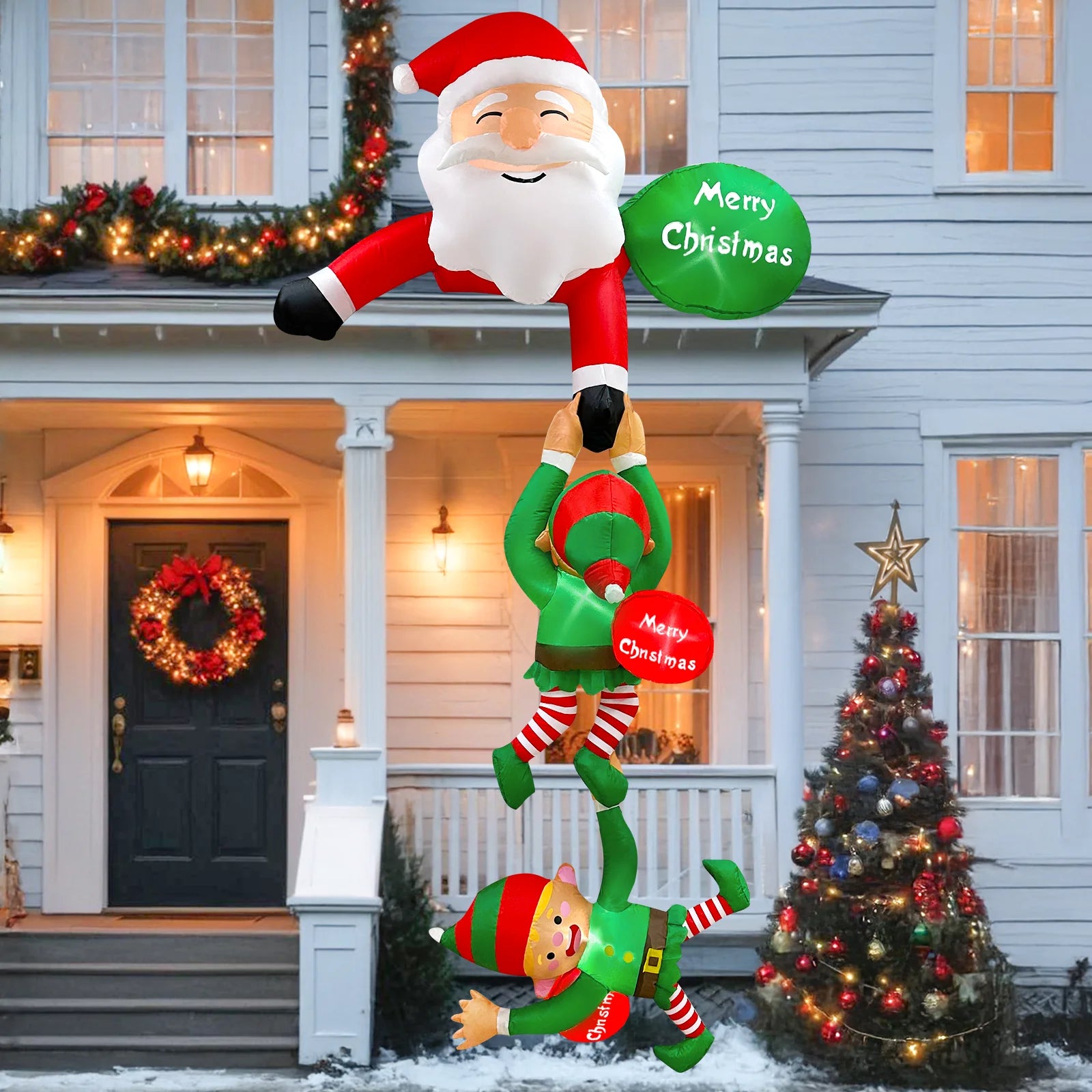 8FT Inflatable Climbing Santa with Reindeer & Elves – Christmas Decor for Outdoors