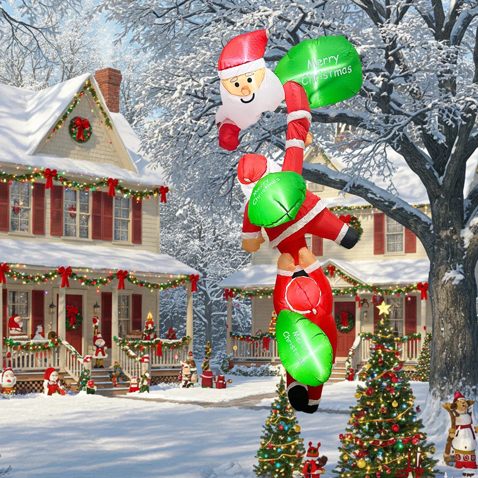 8FT Inflatable Climbing Santa with Reindeer & Elves – Christmas Decor for Outdoors