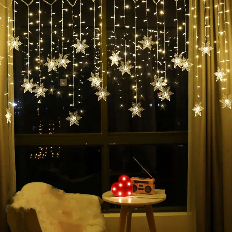 8-Mode LED Snowflake Fairy Lights – Christmas Icicle Curtain for Indoor & Outdoor Decor