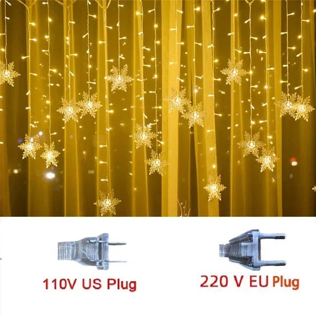 8-Mode LED Snowflake Fairy Lights – Christmas Icicle Curtain for Indoor & Outdoor Decor