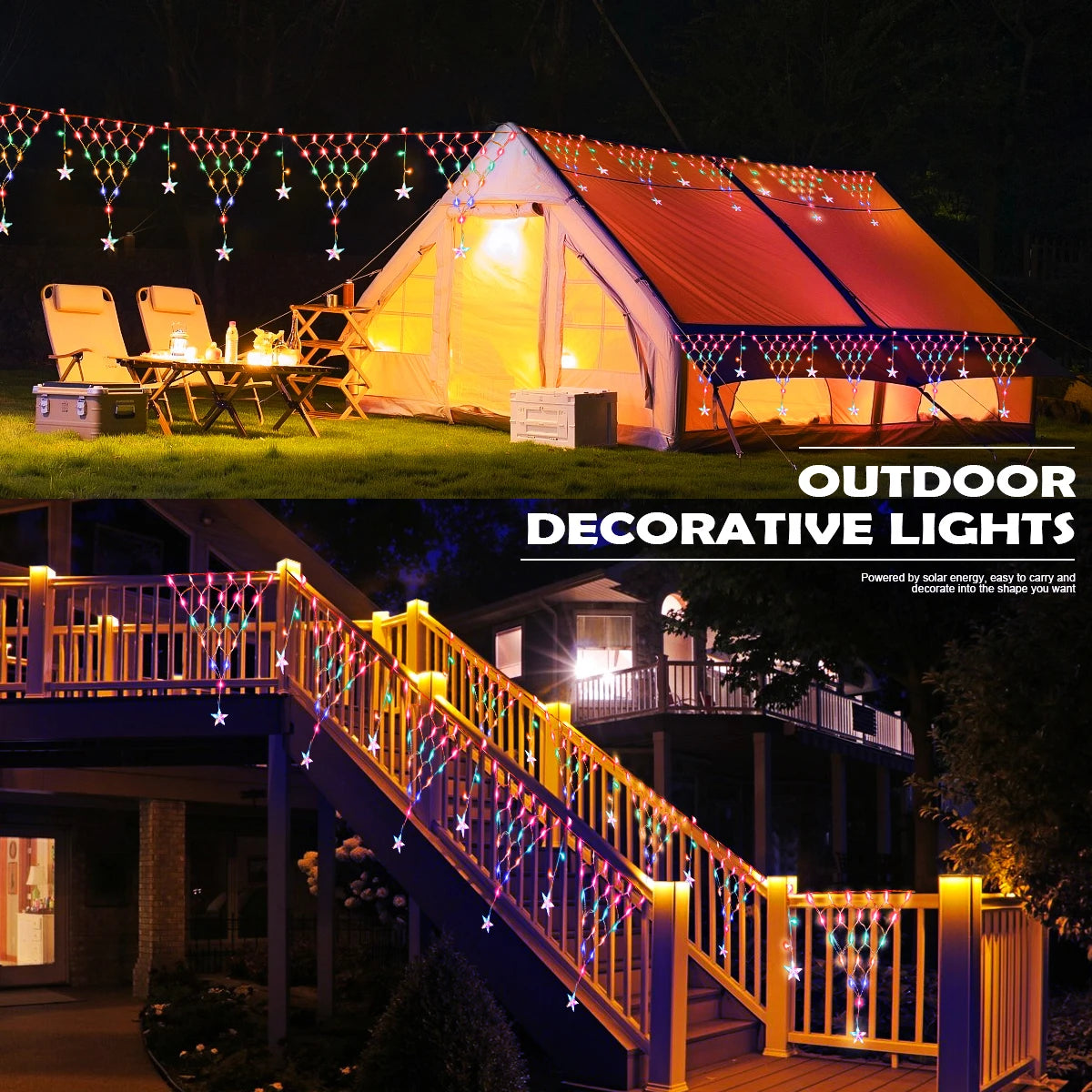 Solar Christmas Star Curtain Lights – LED Waterproof Outdoor Decorative String with 8 Flash Modes