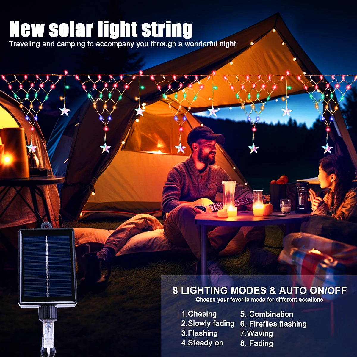 Solar Christmas Star Curtain Lights – LED Waterproof Outdoor Decorative String with 8 Flash Modes