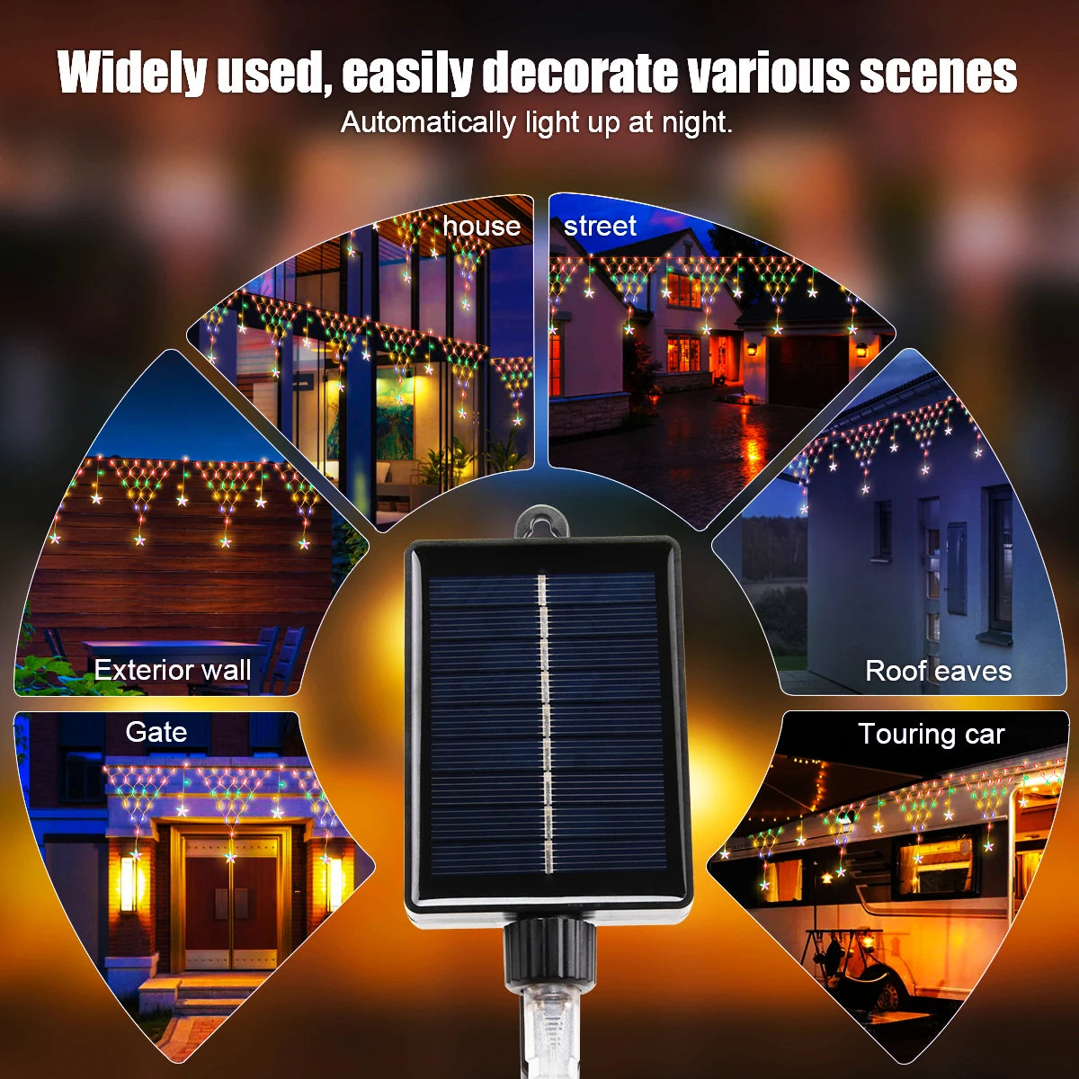 Solar Christmas Star Curtain Lights – LED Waterproof Outdoor Decorative String with 8 Flash Modes