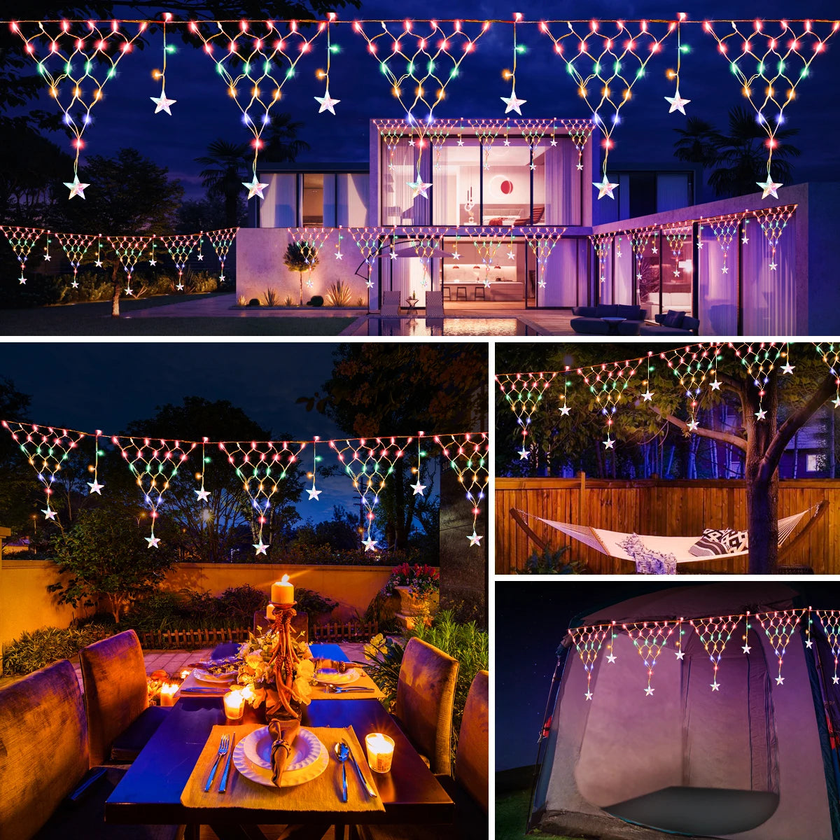 Solar Christmas Star Curtain Lights – LED Waterproof Outdoor Decorative String with 8 Flash Modes