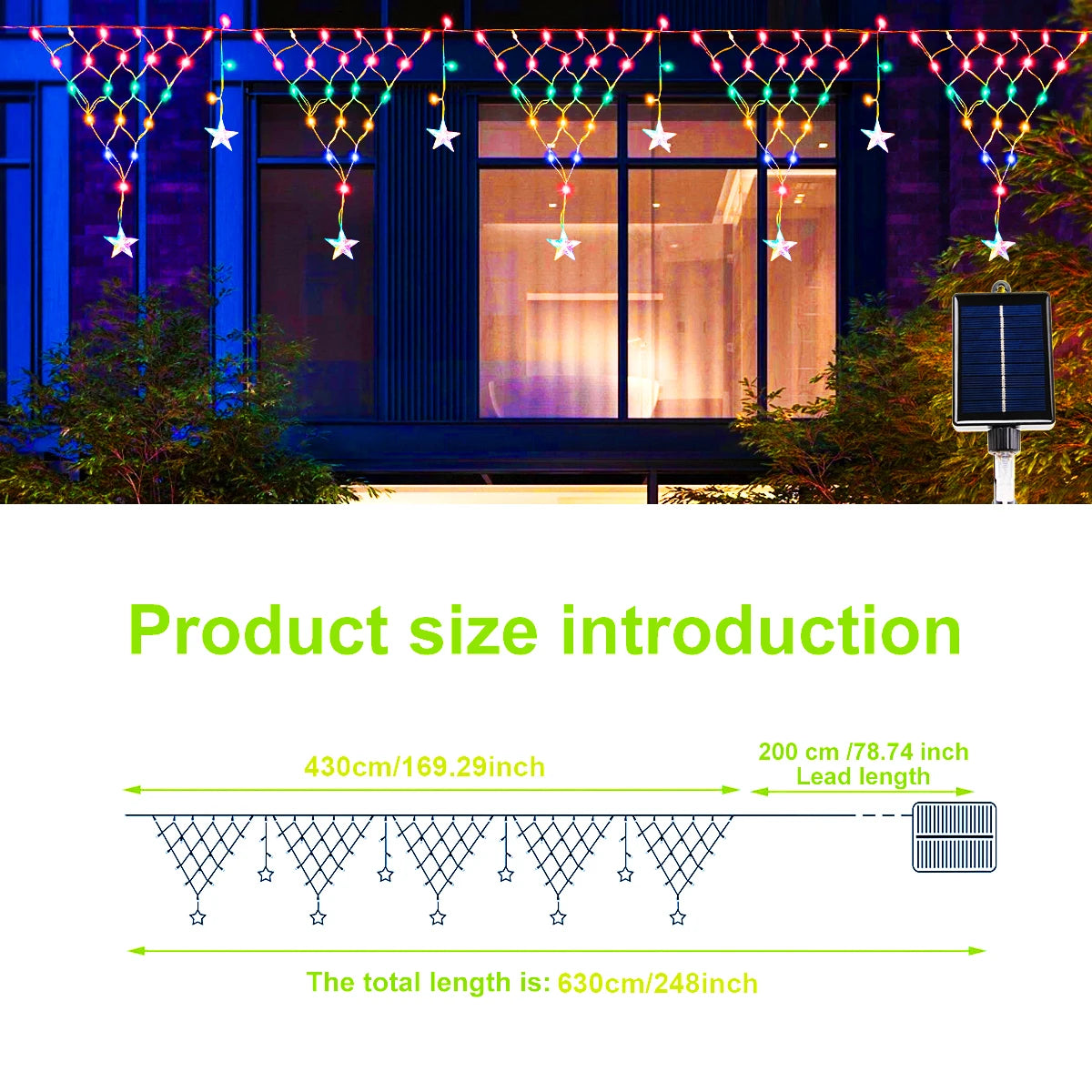 Solar Christmas Star Curtain Lights – LED Waterproof Outdoor Decorative String with 8 Flash Modes