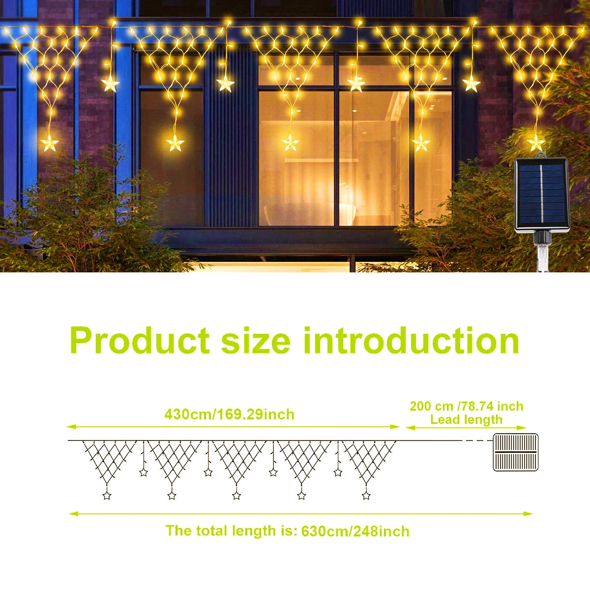 Solar Christmas Star Curtain Lights – LED Waterproof Outdoor Decorative String with 8 Flash Modes