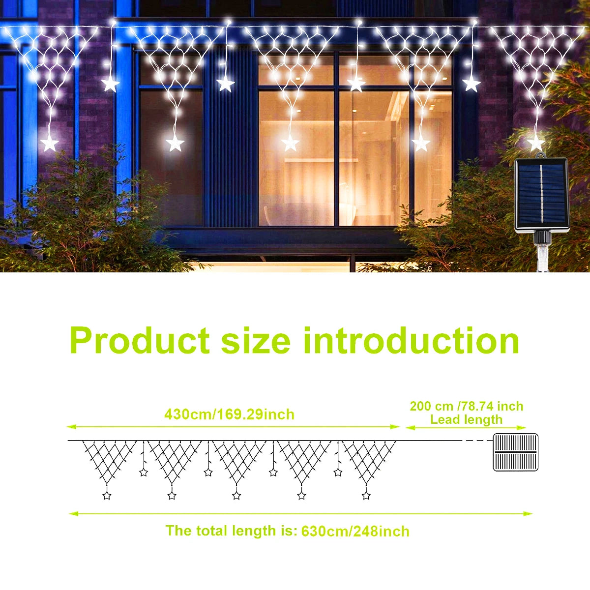 Solar Christmas Star Curtain Lights – LED Waterproof Outdoor Decorative String with 8 Flash Modes